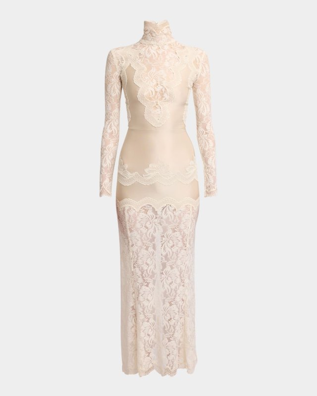 Lace Turtleneck Long-Sleeve Illusion Maxi Dress